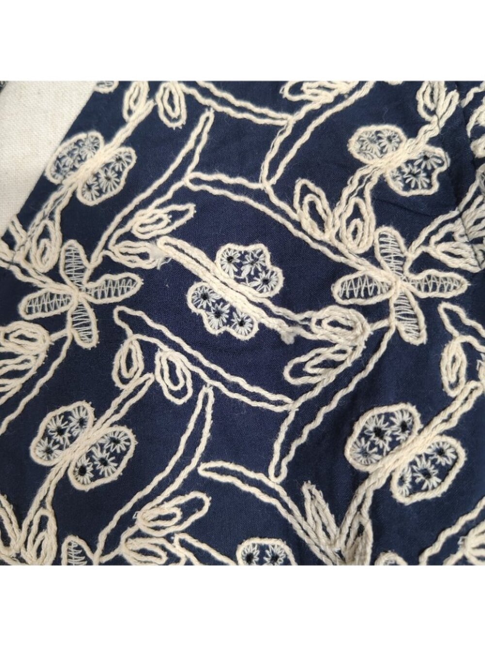 Voy Mini Dress Women's Large Navy Cream Floral Embroidered Flutter Sleeve Preppy - Picture 9 of 12